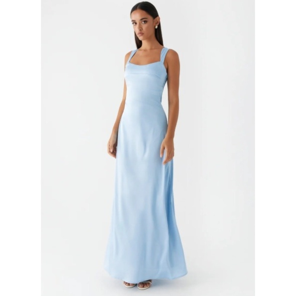 Peppermayo Maxi Dress Size 8 Blue Satin Coquette Coastal Wedding Guest